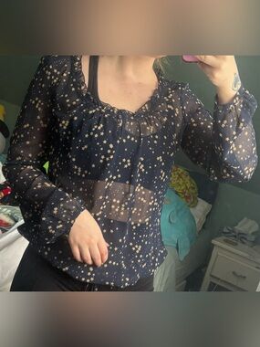 Esprit Navy Sheer Star Print Long Sleeve Blouse